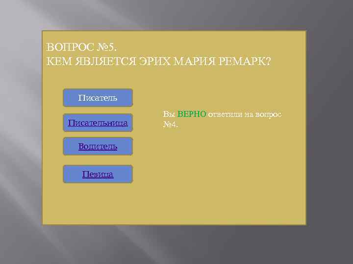 ВОПРОС № 5. КЕМ ЯВЛЯЕТСЯ ЭРИХ МАРИЯ РЕМАРК? Писательница Водитель Певица Вы ВЕРНО ответили