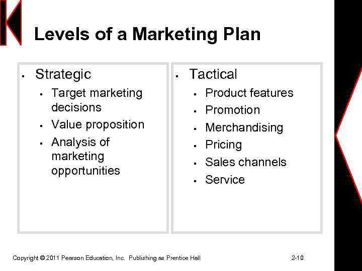 Levels of a Marketing Plan § Strategic § § § Target marketing decisions Value