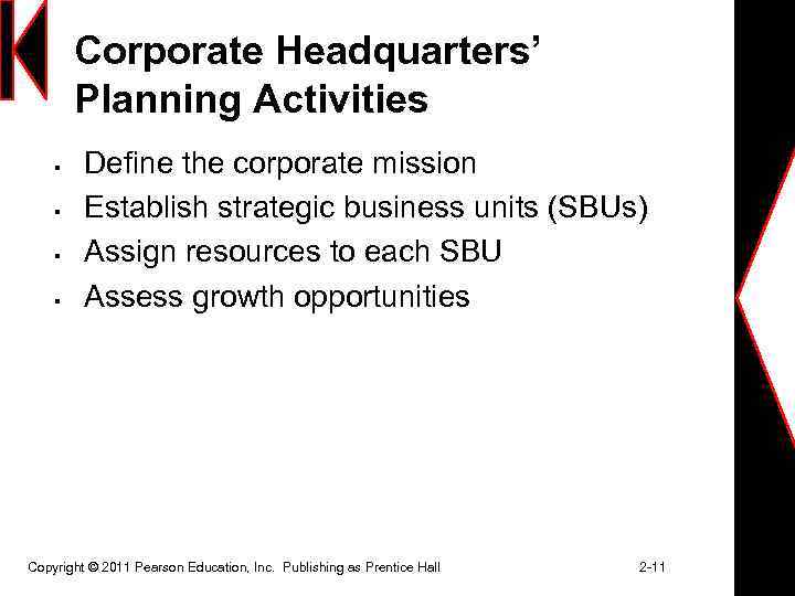 Corporate Headquarters’ Planning Activities § § Define the corporate mission Establish strategic business units