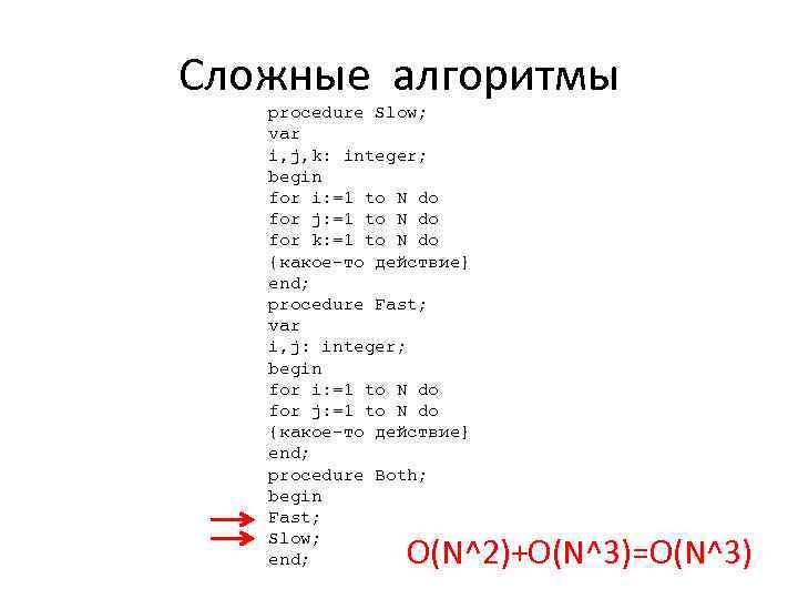 Сложные алгоритмы procedure Slow; var i, j, k: integer; begin for i: =1 to