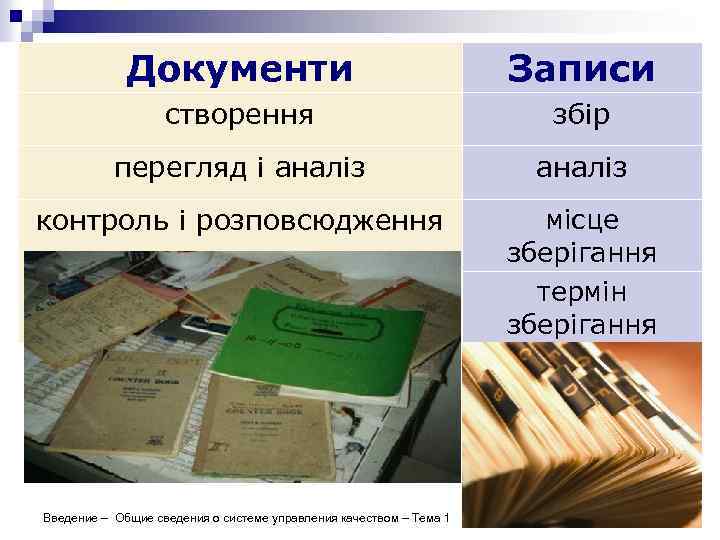 Документи Записи створення збір перегляд і аналіз контроль і розповсюдження місце зберігання термін зберігання