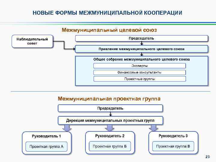 НОВЫЕ ФОРМЫ МЕЖМУНИЦИПАЛЬНОЙ КООПЕРАЦИИ Межмуниципальный целевой союз Межмуниципальная проектная группа 23 
