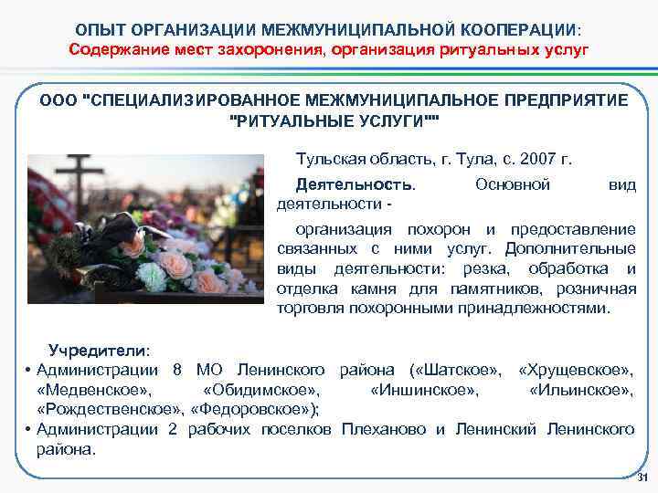ОПЫТ ОРГАНИЗАЦИИ МЕЖМУНИЦИПАЛЬНОЙ КООПЕРАЦИИ: Содержание мест захоронения, организация ритуальных услуг ООО "СПЕЦИАЛИЗИРОВАННОЕ МЕЖМУНИЦИПАЛЬНОЕ ПРЕДПРИЯТИЕ