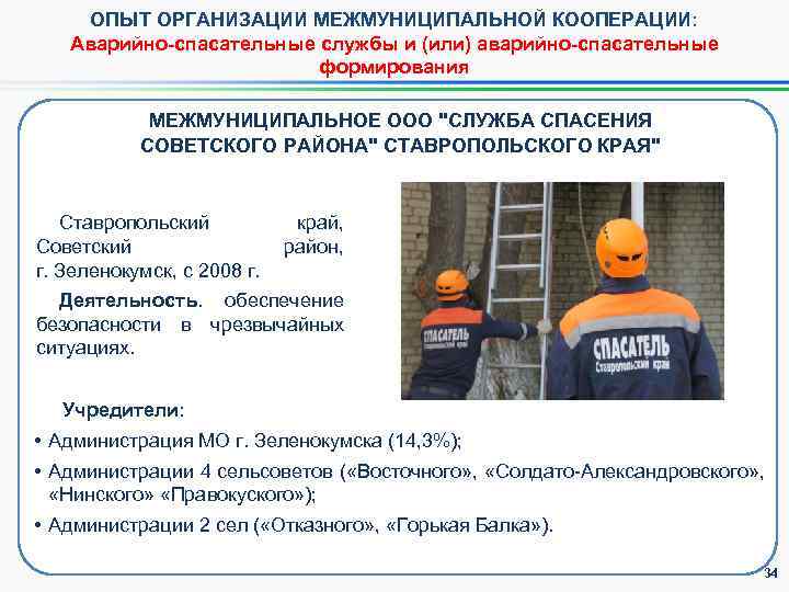 ОПЫТ ОРГАНИЗАЦИИ МЕЖМУНИЦИПАЛЬНОЙ КООПЕРАЦИИ: Аварийно-спасательные службы и (или) аварийно-спасательные формирования МЕЖМУНИЦИПАЛЬНОЕ ООО "СЛУЖБА СПАСЕНИЯ