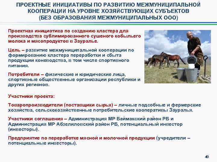 ПРОЕКТНЫЕ ИНИЦИАТИВЫ ПО РАЗВИТИЮ МЕЖМУНИЦИПАЛЬНОЙ КООПЕРАЦИИ НА УРОВНЕ ХОЗЯЙСТВУЮЩИХ СУБЪЕКТОВ (БЕЗ ОБРАЗОВАНИЯ МЕЖМУНИЦИПАЛЬНЫХ ООО)