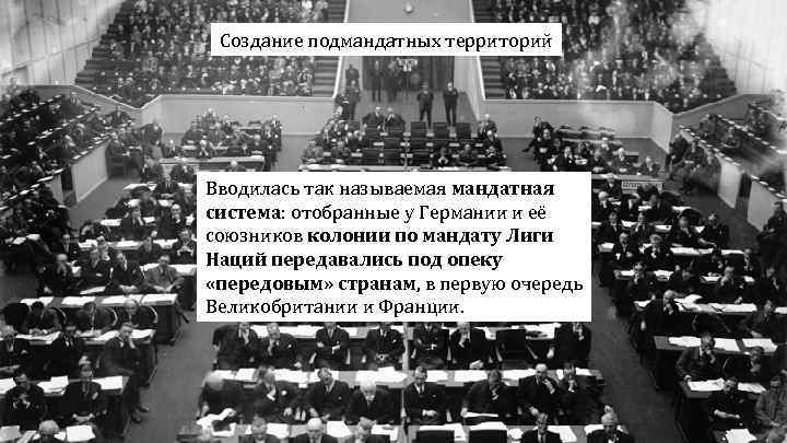 Создание подмандатных территорий Вводилась так называемая мандатная система: отобранные у Германии и её союзников