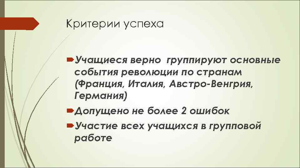 Критерии успеха Учащиеся верно группируют основные события революции по странам (Франция, Италия, Австро-Венгрия, Германия)