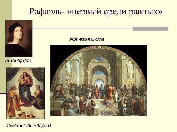 Рафаэль- «первый среди равных» Афинская школа Автопортрет Сикстинская мадонна 