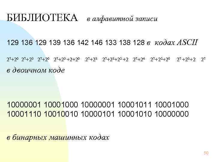  БИБЛИОТЕКА в алфавитной записи 129 136 142 146 133 138 128 в кодах