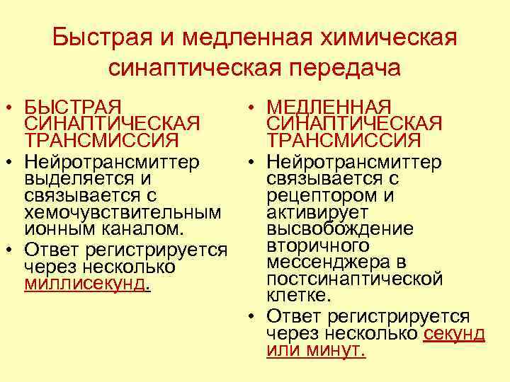 Быстрая и медленная химическая синаптическая передача • БЫСТРАЯ • МЕДЛЕННАЯ СИНАПТИЧЕСКАЯ ТРАНСМИССИЯ • Нейротрансмиттер