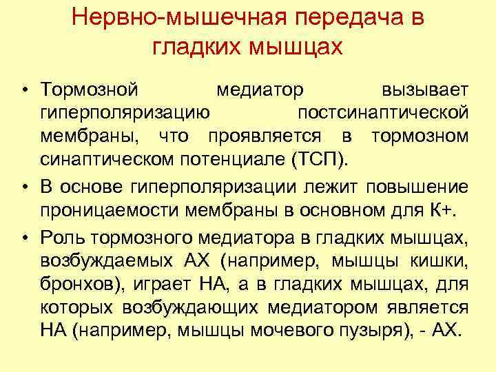 Нервно мышечная передача в гладких мышцах • Тормозной медиатор вызывает гиперполяризацию постсинаптической мембраны, что