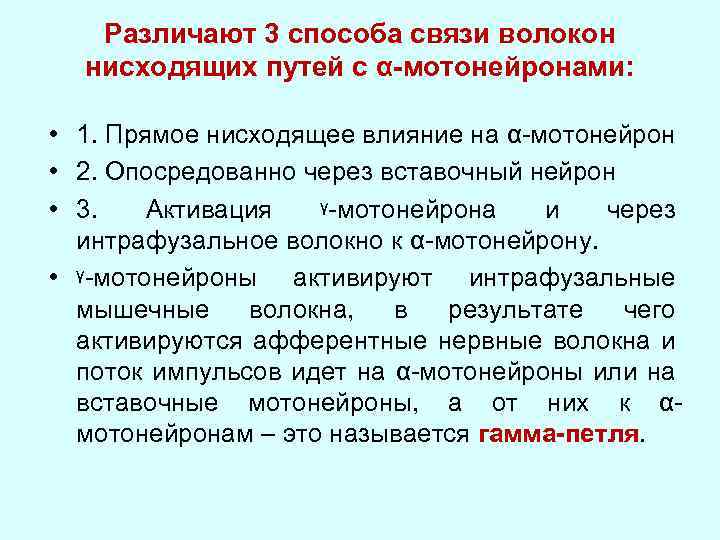 Различают 3 способа связи волокон нисходящих путей с α-мотонейронами: • 1. Прямое нисходящее влияние