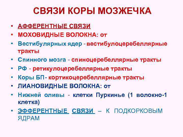 СВЯЗИ КОРЫ МОЗЖЕЧКА • АФФЕРЕНТНЫЕ СВЯЗИ • МОХОВИДНЫЕ ВОЛОКНА: от • Вестибулярных ядер -