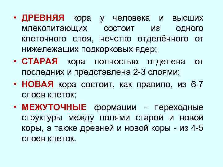  • ДРЕВНЯЯ кора у человека и высших млекопитающих состоит из одного клеточного слоя,