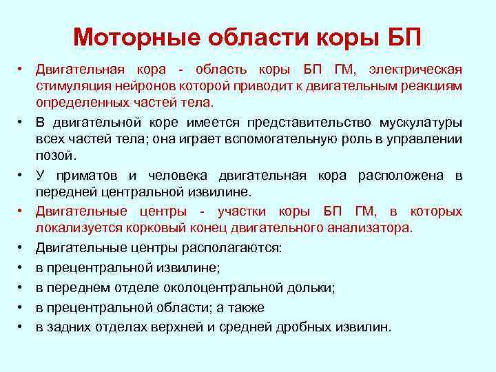 Моторные области коры БП • Двигательная кора - область коры БП ГМ, электрическая стимуляция
