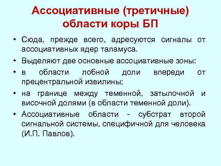 Ассоциативные (третичные) области коры БП • Сюда, прежде всего, адресуются сигналы от ассоциативных ядер