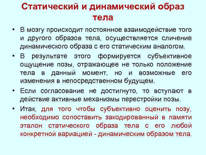 Статический и динамический образ тела • В мозгу происходит постоянное взаимодействие того и другого