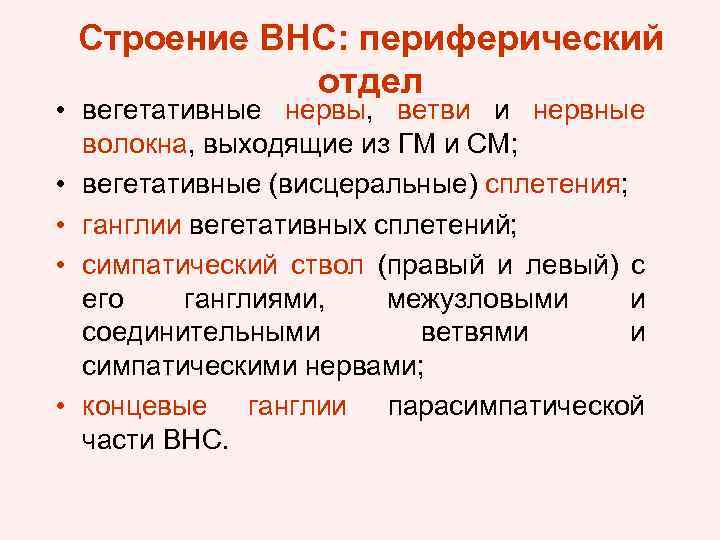 Строение ВНС: периферический отдел • вегетативные нервы, ветви и нервные волокна, выходящие из ГМ