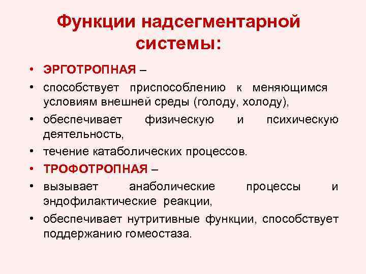 Функции надсегментарной системы: • ЭРГОТРОПНАЯ – • способствует приспособлению к меняющимся условиям внешней среды