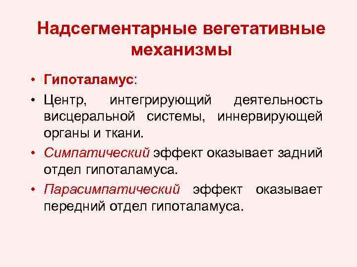Надсегментарные вегетативные механизмы • Гипоталамус: • Центр, интегрирующий деятельность висцеральной системы, иннервирующей органы и
