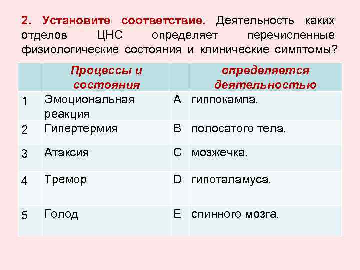 2. Установите соответствие. Деятельность каких отделов ЦНС определяет перечисленные физиологические состояния и клинические симптомы?