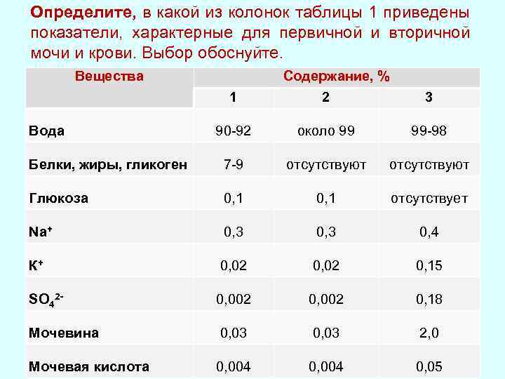 Первичная и вторичная моча таблица. Колонка в таблице. Объем первичной и вторичной мочи в сутки.
