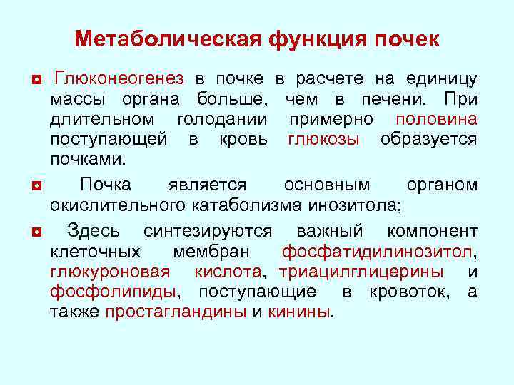 Какой процесс осуществляется. Метаболическая функция почек физиология. Глюконеогенез в почках. Роль глюконеогенеза в почках. Роль почек в метаболизме.