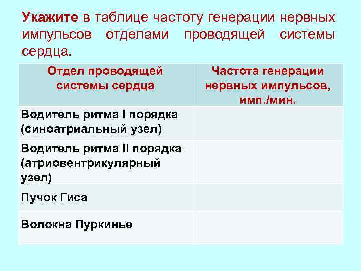 Укажите в таблице частоту генерации нервных импульсов отделами проводящей системы сердца. Отдел проводящей системы