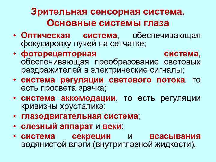 Зрительная сенсорная система. Основные системы глаза • Оптическая система, обеспечивающая фокусировку лучей на сетчатке;