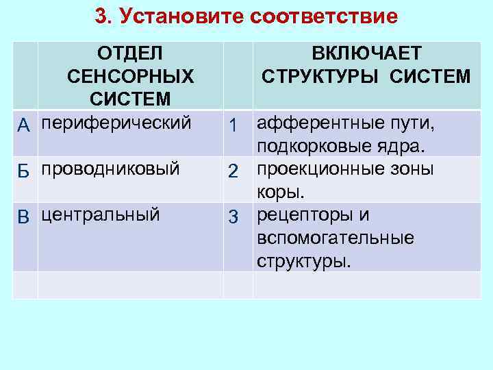 3. Установите соответствие ОТДЕЛ СЕНСОРНЫХ СИСТЕМ А периферический Б проводниковый В центральный ВКЛЮЧАЕТ СТРУКТУРЫ