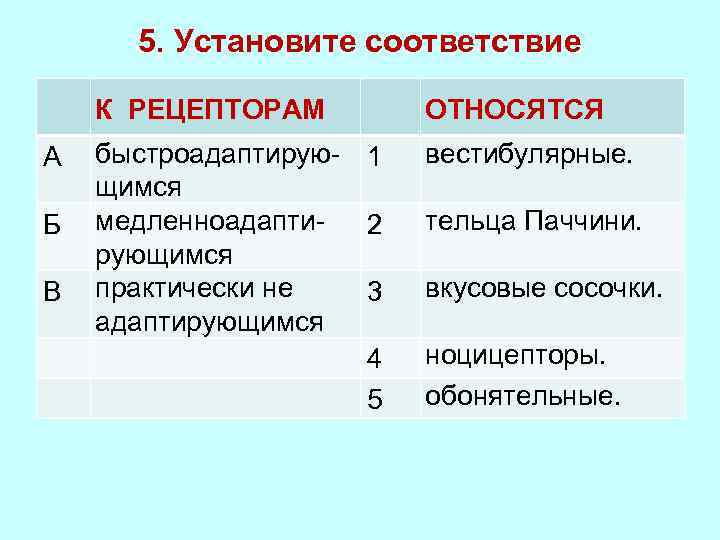 5. Установите соответствие К РЕЦЕПТОРАМ А быстроадаптирую- 1 щимся Б медленноадапти- 2 рующимся В