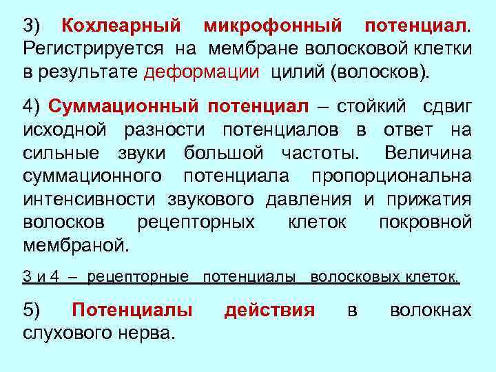 3) Кохлеарный микрофонный потенциал. Регистрируется на мембране волосковой клетки в результате деформации цилий (волосков).