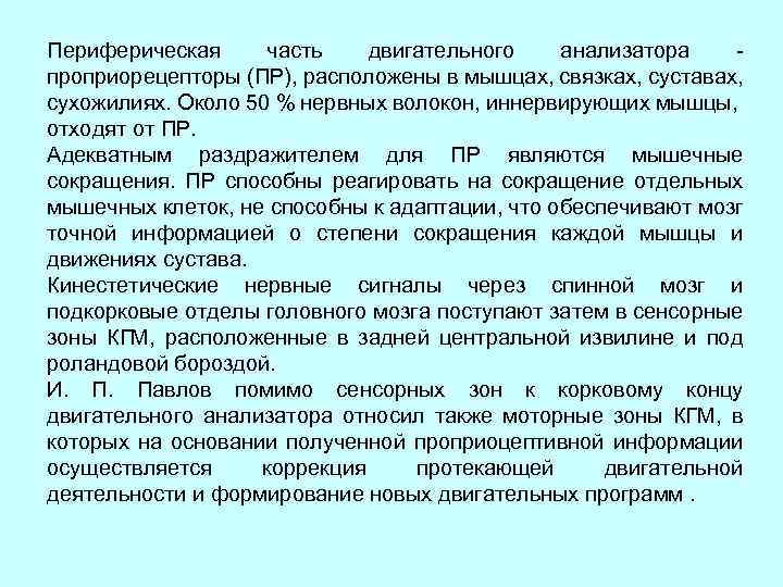 Периферическая часть двигательного анализатора - проприорецепторы (ПР), расположены в мышцах, связках, суставах, сухожилиях. Около