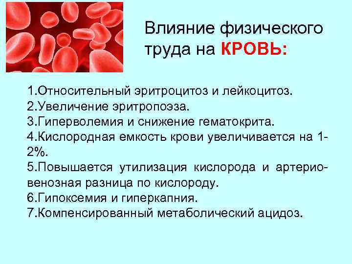 Изменение состава крови. Эритроцитоз в крови. Влияние физической нагрузки на состав крови. Относительный лейкоцитоз