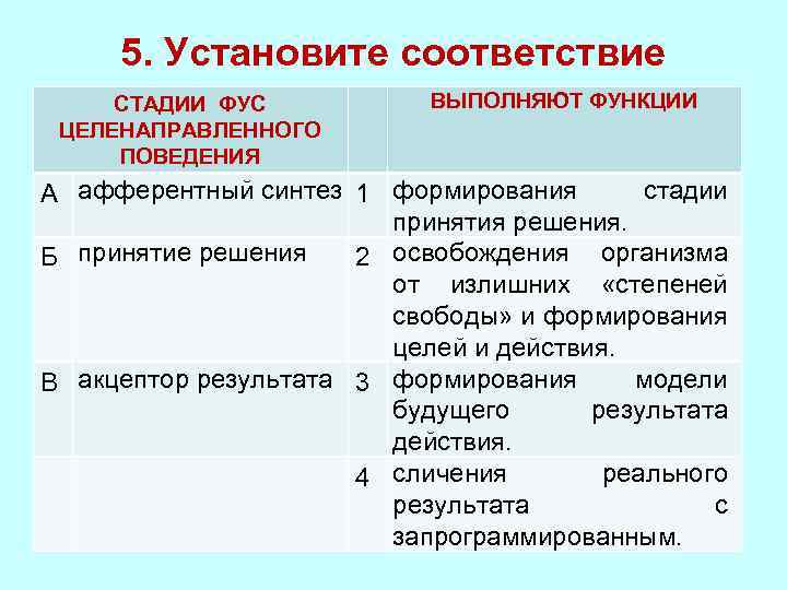 Установите соответствие этапов. Принятие решения физиология. Стадия Фус целенаправленного поведения выполняет функции. Формирования стадии принятия решения Фус. Принятие решения этапы физиология.