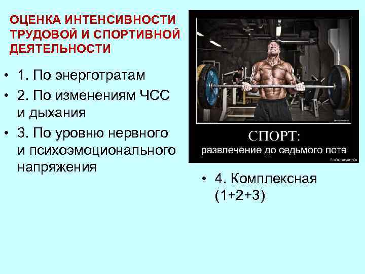 ОЦЕНКА ИНТЕНСИВНОСТИ ТРУДОВОЙ И СПОРТИВНОЙ ДЕЯТЕЛЬНОСТИ • 1. По энерготратам • 2. По изменениям