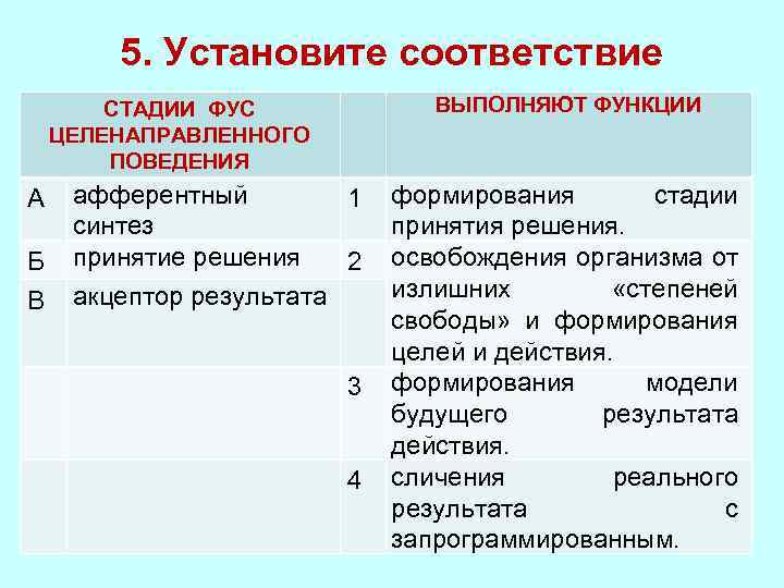 5. Установите соответствие ВЫПОЛНЯЮТ ФУНКЦИИ СТАДИИ ФУС ЦЕЛЕНАПРАВЛЕННОГО ПОВЕДЕНИЯ А Б В афферентный 1