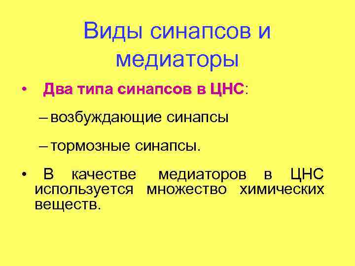 Виды синапсов и медиаторы • Два типа синапсов в ЦНС: ЦНС – возбуждающие синапсы