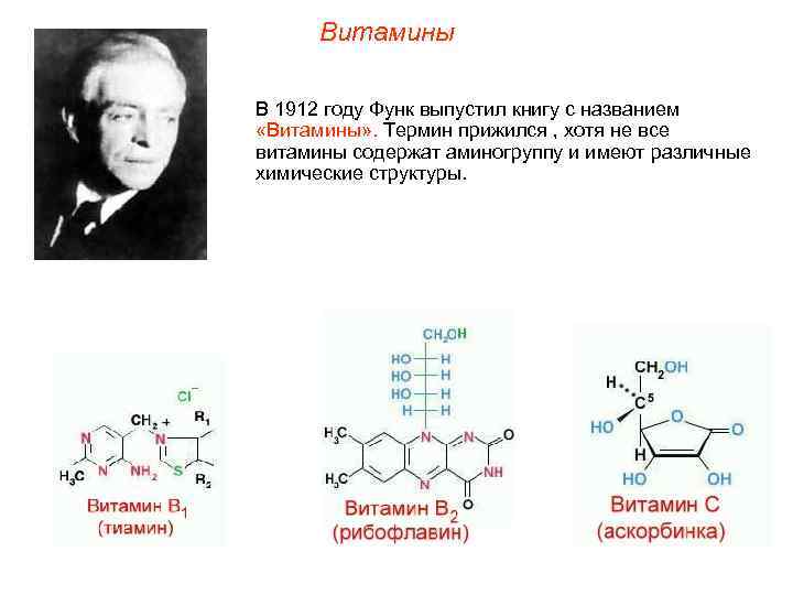 Витамины В 1912 году Функ выпустил книгу с названием «Витамины» . Термин прижился ,