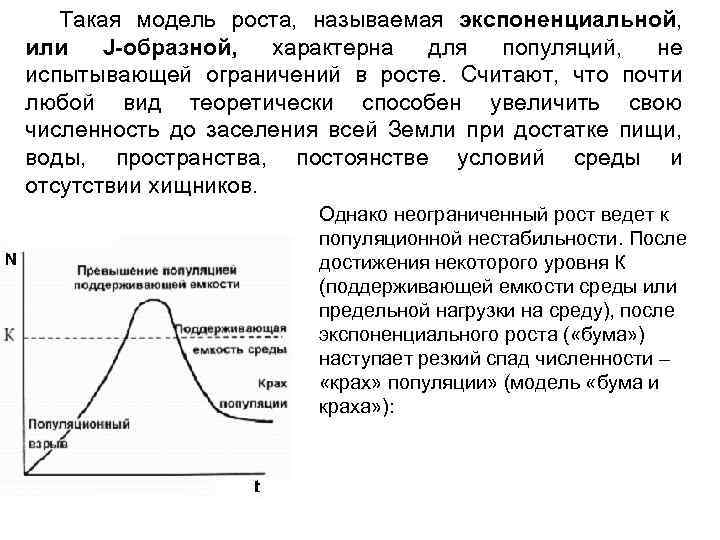 Такая модель роста, называемая экспоненциальной, или J-образной, характерна для популяций, не испытывающей ограничений в