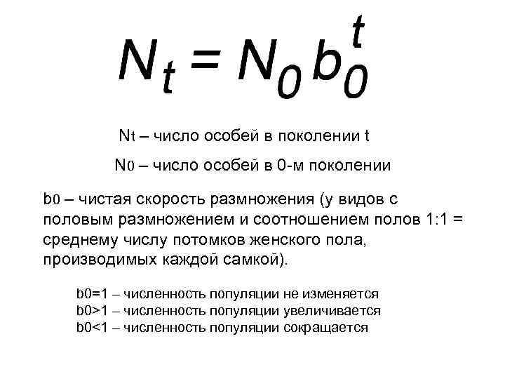 Nt – число особей в поколении t N 0 – число особей в 0