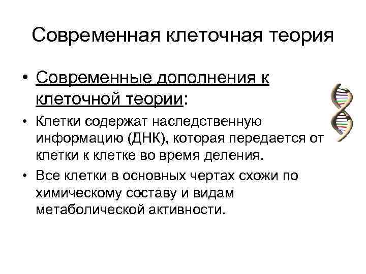 Современная клеточная теория • Современные дополнения к клеточной теории: • Клетки содержат наследственную информацию
