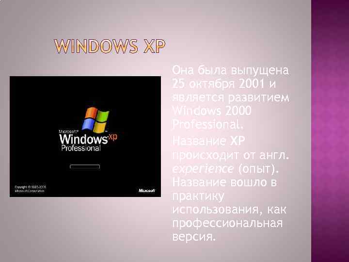 Она была выпущена 25 октября 2001 и является развитием Windows 2000 Professional. Название XP