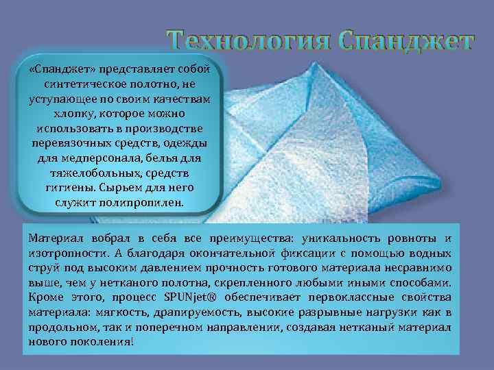 Технология Спанджет «Спанджет» представляет собой синтетическое полотно, не уступающее по своим качествам хлопку, которое