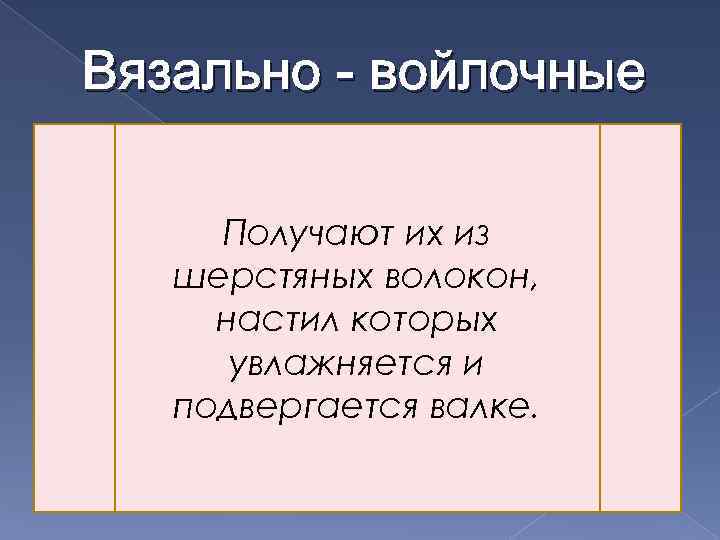 Вязально - войлочные Получают их из шерстяных волокон, настил которых увлажняется и подвергается валке.