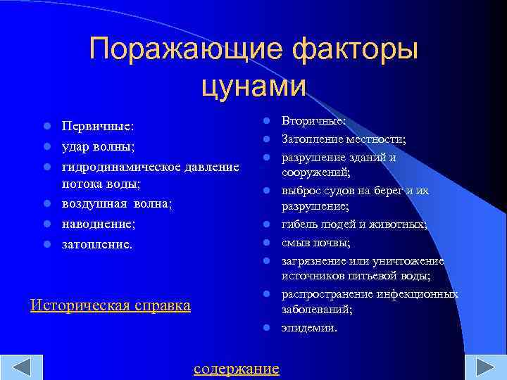 Поражающие факторы цунами l l l Первичные: удар волны; гидродинамическое давление потока воды; воздушная