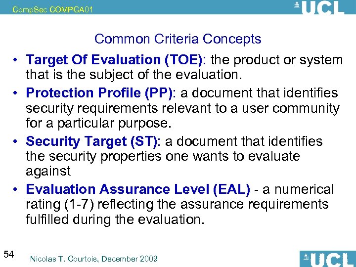 Comp. Sec COMPGA 01 • • 54 Common Criteria Concepts Target Of Evaluation (TOE):