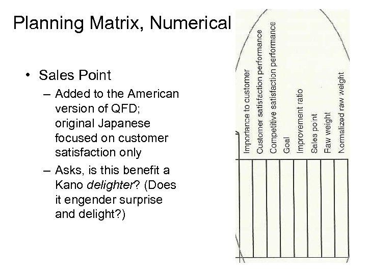 Planning Matrix, Numerical • Sales Point – Added to the American version of QFD;