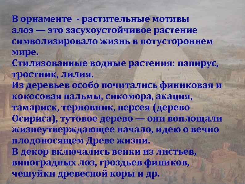 В орнаменте - растительные мотивы алоэ — это засухоустойчивое растение символизировало жизнь в потустороннем