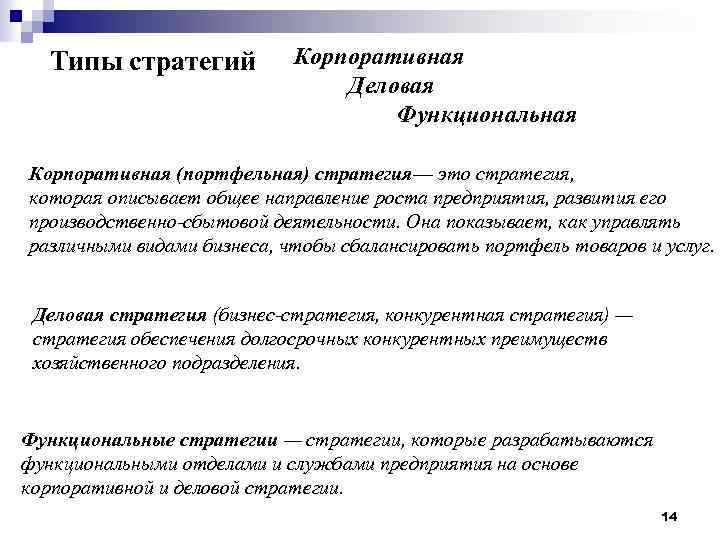 Типы стратегий Корпоративная Деловая Функциональная Корпоративная (портфельная) стратегия— это стратегия, которая описывает общее направление